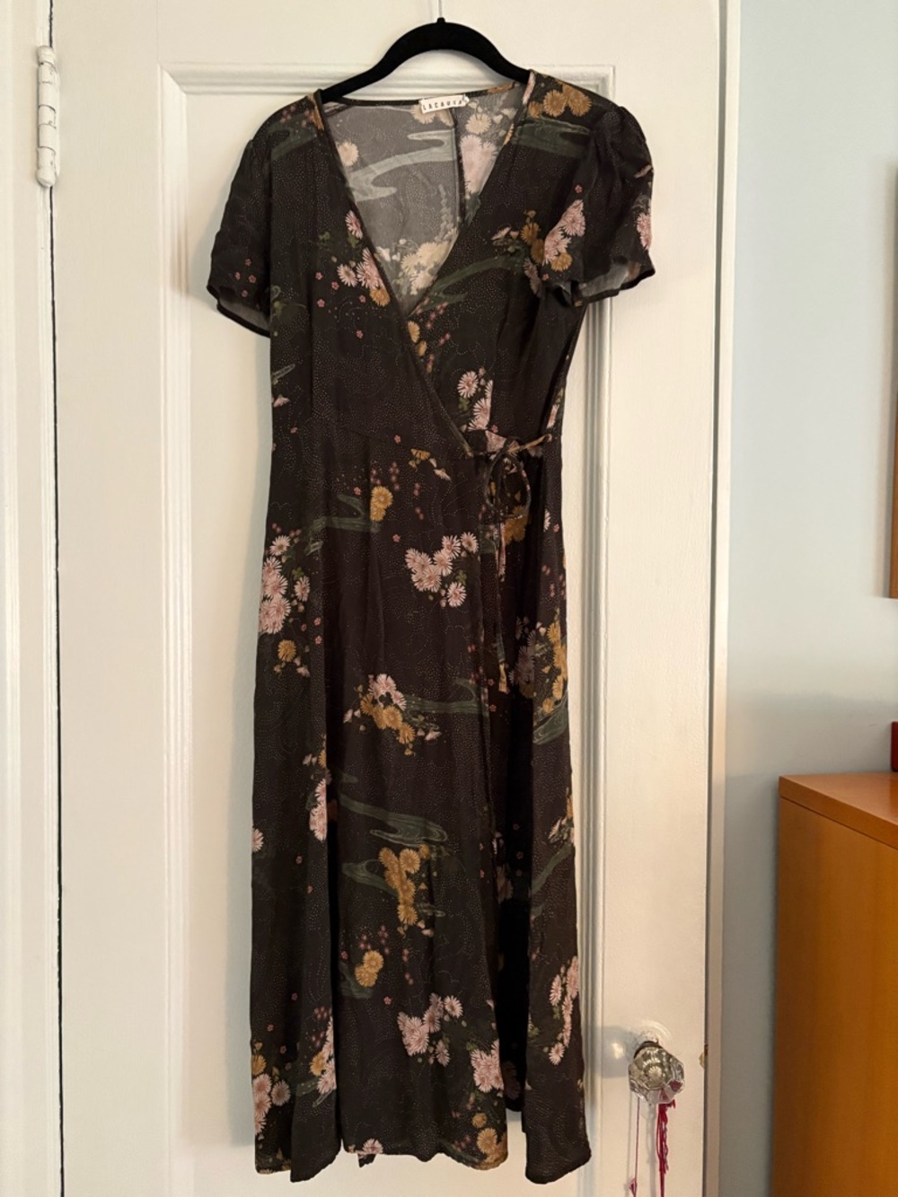 LACAUSA Olive Floral Wrap Midi Dress with Pink and Yellow Flowers